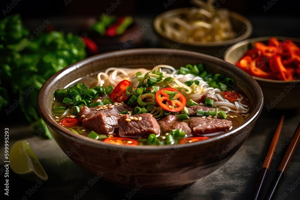 flavorful pho with beef, noodles, and herbs, Vietnamese style, Generative AI flavorful pho with beef, noodles, and herbs, Vietnamese style, Generative AI