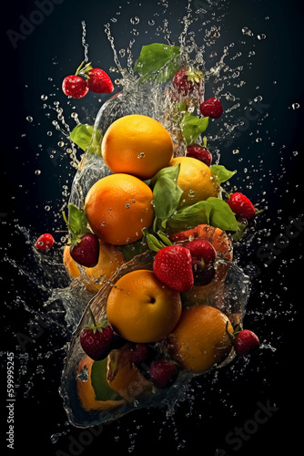 fresh fruits, splash, vibrant colors. AI generative