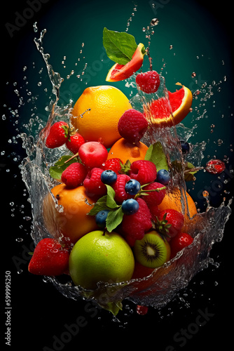 fresh fruits, splash, vibrant colors. AI generative