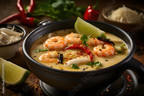 tom yum soup with shrimp, lemongrass, and chili, Thai style, Generative AI photo
