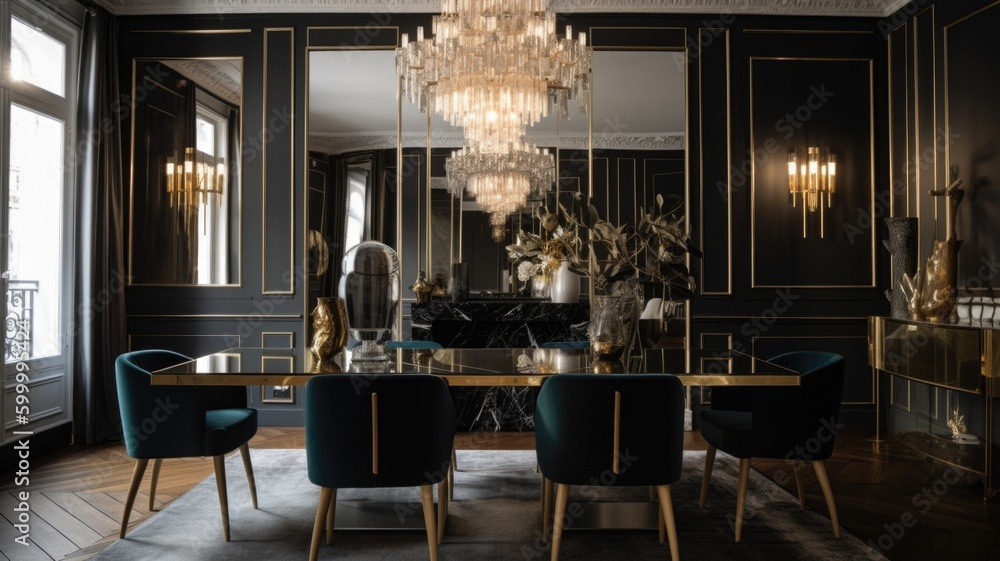 Interior design of Dining Room in Art Deco style with Chandelier, Wall ...