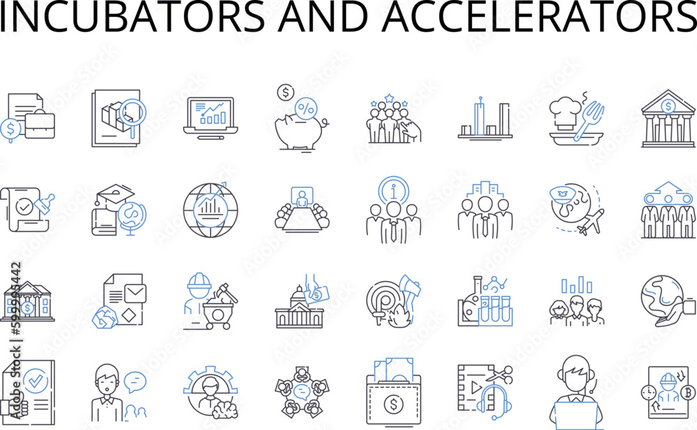 Incubators and Accelerators line icons collection. Startup labs, Venture studios, Innovation centers, Seed funders, Entrepreneur hubs, Growth organizations, Idea nurseries vector and linear Incubators and Accelerators line icons collection. Startup labs, Venture studios, Innovation centers, Seed funders, Entrepreneur hubs, Growth organizations, Idea nurseries vector and linear