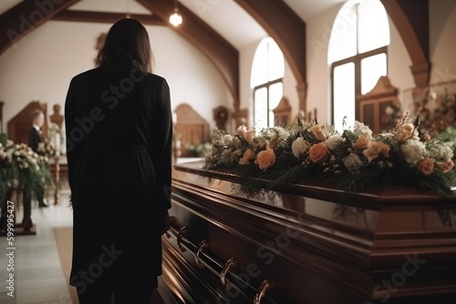 Sad funeral and flowers with couple and coffin in church, created with Generative AI technology