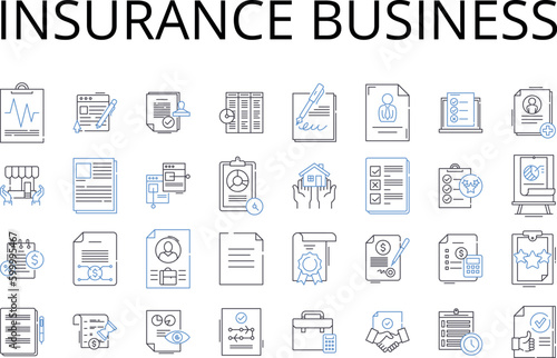 insurance business line icons collection. underwriting, assurance, coverage, indemnity, policy, protection, actuary vector and linear illustration. adjuster,agent,annuity outline signs set