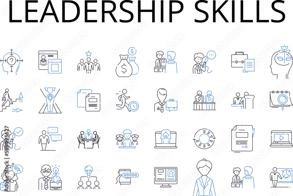 Leadership skills line icons collection. Communication skills, Teamwork skills, Problem-solving skills, Time management skills, Critical thinking skills, Interpersonal skills, Decision-making skills