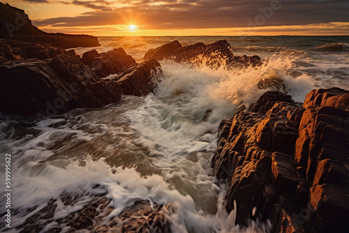 The waves are crashing over the rocks at sunset. AI generative © SANGHYUN