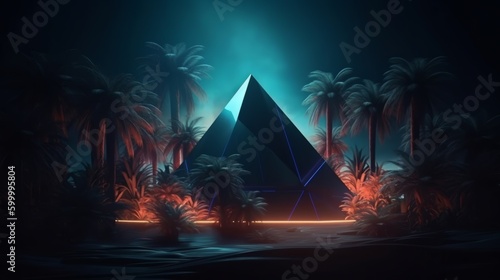 A digitally painted pyramid in a tropical setting with palm trees. Generative ai