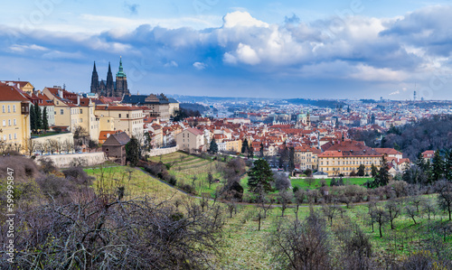 Panorama shot of Hilltop suburb of Hradcany and Mala Strana during a winter afternoon in Prague, Czech Republic