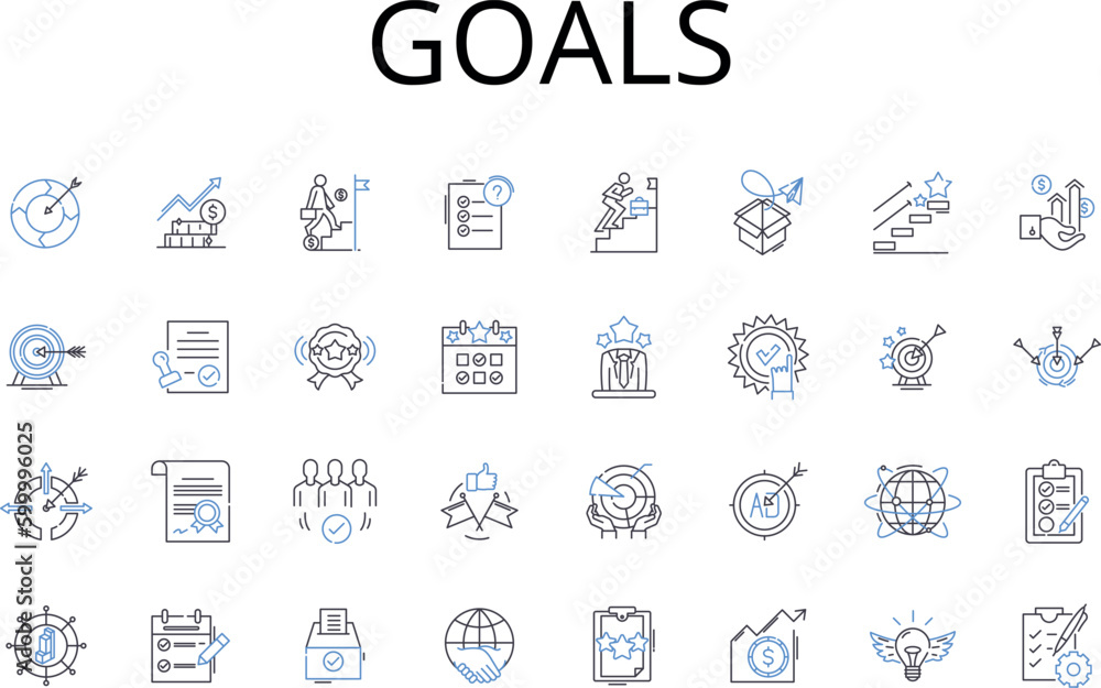 Goals line icons collection. Aspirations, Objectives, Ambitions, Targets, Aims, Endeavors, Aventures vector and linear illustration. Missions,Pursuits,Visions outline signs set - obrazy, fototapety, plakaty 
