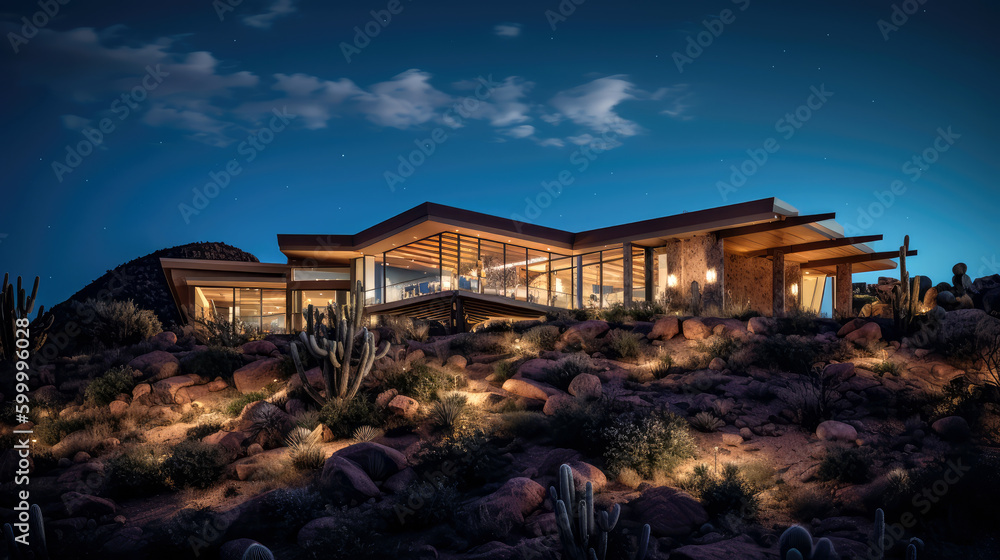 A modern luxury home in the desert at night by generative AI - obrazy, fototapety, plakaty 