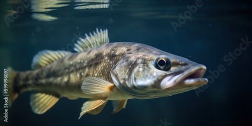 Fishing close-up shut of a zander fish under water, created with Generative AI technology photo