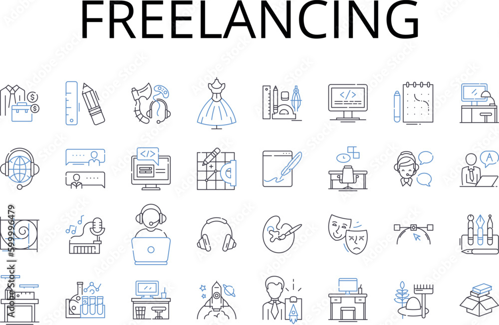 Freelancing line icons collection. Self-employment, Independent work, Outsourcing, Work from home, Remote work, Side hustle, Independent contractor vector and linear illustration. Sole proprietorship Freelancing line icons collection. Self-employment, Independent work, Outsourcing, Work from home, Remote work, Side hustle, Independent contractor vector and linear illustration. Sole proprietorship