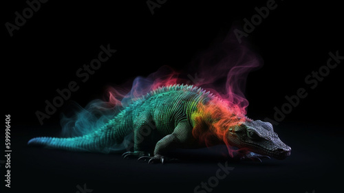 Animals surrounded by colored smoke. Cocodrile wrapped in colored smoke. Cocodrile original, creative and colorful. Image generated by AI.
 photo