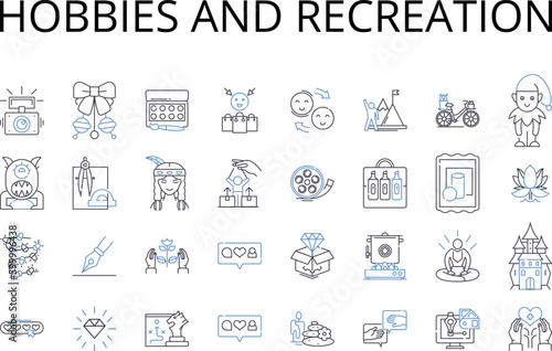 Hobbies and recreation line icons collection. Pastimes, Leisure pursuits, Activities, Interests, Amusements, Diversions, Entertainment vector and linear illustration. Relaxation,Fun,Enjoyment outline
