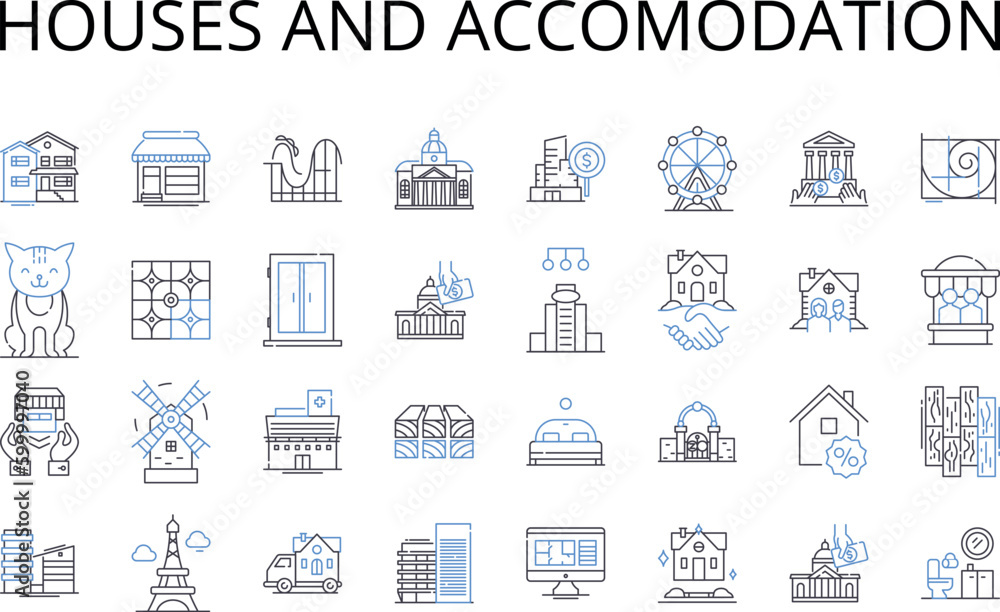 Houses and accomodation line icons collection. Residences, Dwellings, Homes, Apartments, Condos, Cottages, Bungalows vector and linear illustration. Villas,Mansions,Castles outline signs set