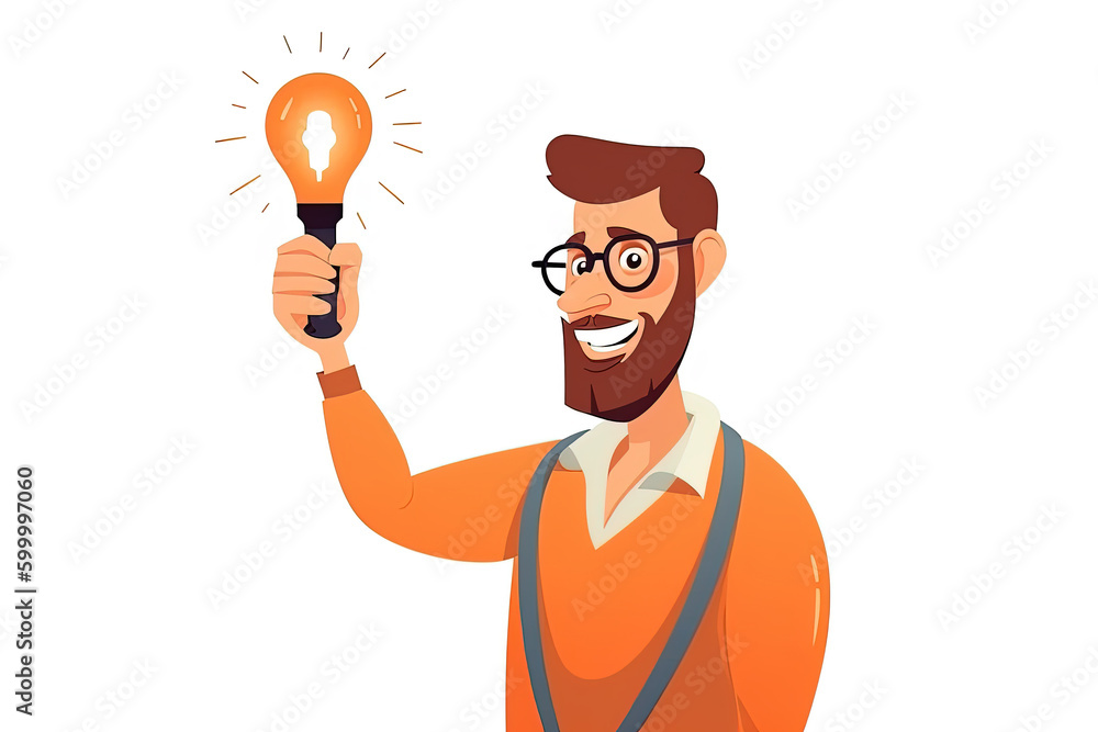 Happy man in glasses holding a lightbulb indicating good idea. Creative brainstorming and decision making concept. Vector illustration Happy man in glasses holding a lightbulb indicating good idea. Creative brainstorming and decision making concept. Vector illustration