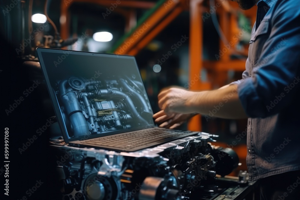 Personnel inspecting the car and its problems with a laptop device in an appraisal workshop white generative AI Personnel inspecting the car and its problems with a laptop device in an appraisal workshop white generative AI