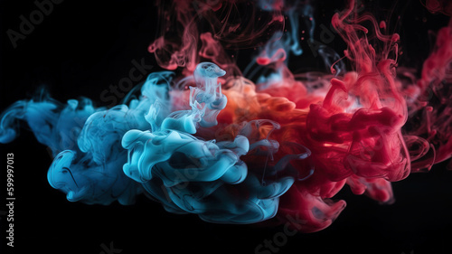 Color smoke abstract background. Cold hot. Ice fire flame. Defocused blue red contrast paint splash light glowing vapor, floating cloud texture. Generative AI