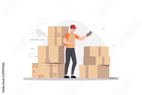 Happy deliveryman in uniform delivering packages, demonstrating good service. Vector illustration