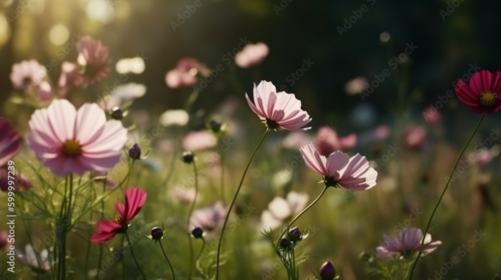 Beautiful cosmos flowers blooming in garden with copy space. AI Generative