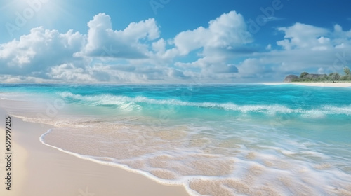 Beautiful beach with white sand with clouds in sunny day. AI Generative © Witri