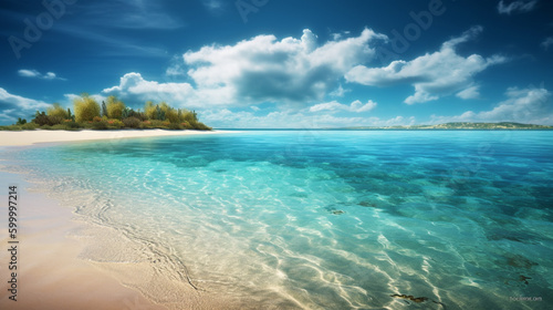 Beautiful beach with white sand with clouds in sunny day. AI Generative