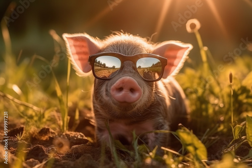 Little piglet with sunglasses in a meadow with lots of sunshine. Generative AI © zaschnaus