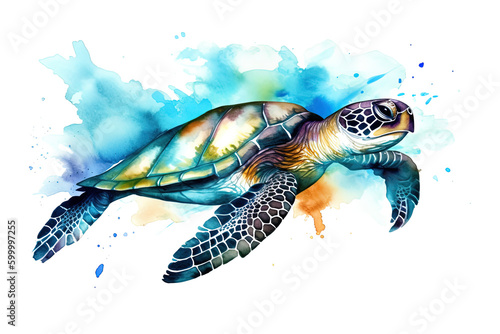 Big sea turtle. Splashes and waves, watercolor painting. Generative AI
