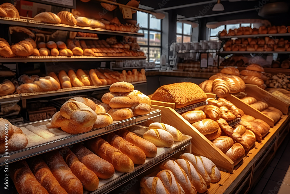 Breads on supermarket shelves, Different types of bread loaves and buns in a modern supermarket bakery, bread loaves, bread rolls, baguettes, bagels, bread buns on baker shop counters. generative ai