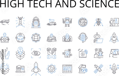 High tech and science line icons collection. Advanced technology, Cutting-edge science, Modern science, Futuristic technology, Innovative science, Modern technology, Evolved science vector and linear
