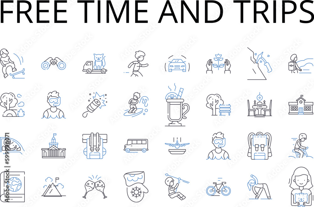 Free time and trips line icons collection. Leisure, Vacation, Retreat, Respite, Break, Getaway, Holiday vector and linear illustration. Time off,Relaxation,Excursion outline signs set
