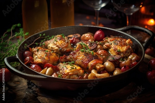 coq au vin with chicken, bacon, cast iron pan background, French style, Generative AI