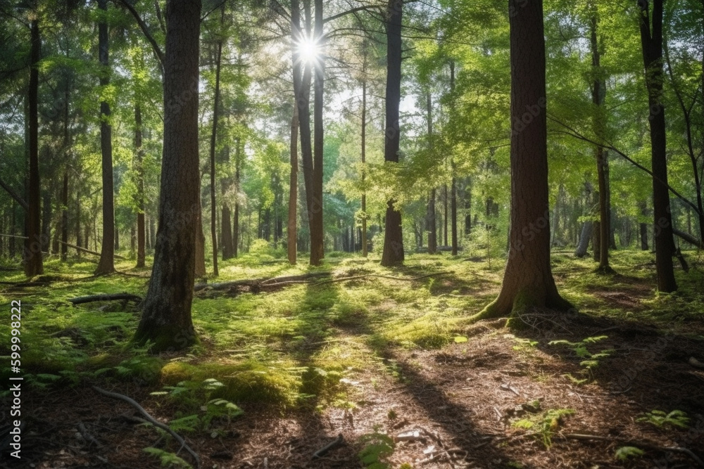 Serene and peaceful forest with tall trees and dappled s Serene and peaceful forest with tall trees and dappled s