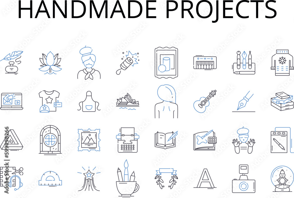 Handmade projects line icons collection. Crafty creations, Artisanal goods, Homemade dishes, Bespoke furniture, Handcrafted jewelry, Artistic expressions, Personalized gifts vector and linear