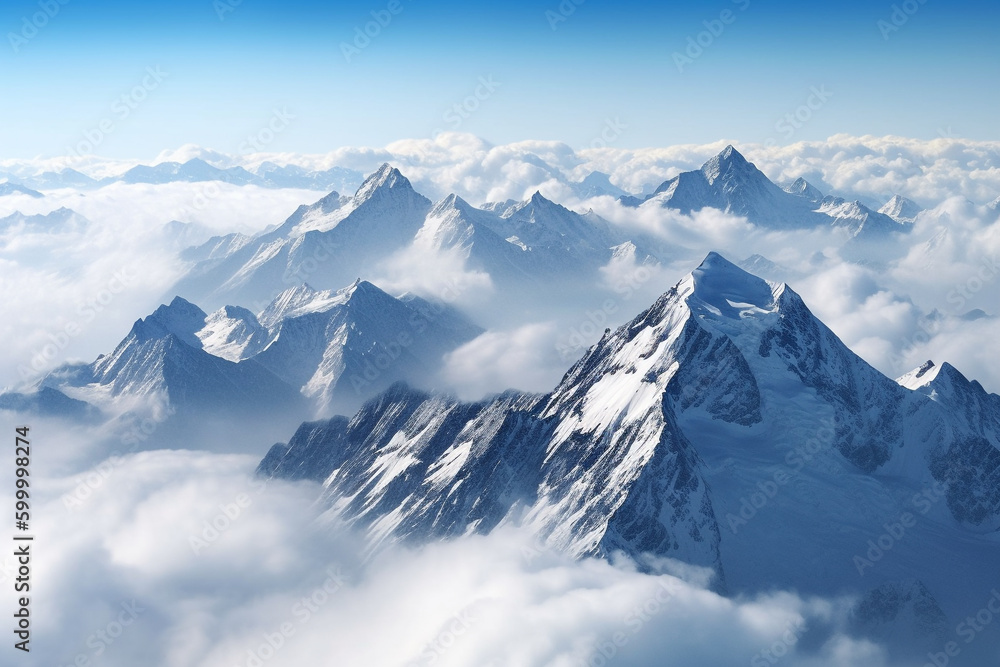 Majestic snow-capped mountain peaks rising above the clo  - obrazy, fototapety, plakaty 