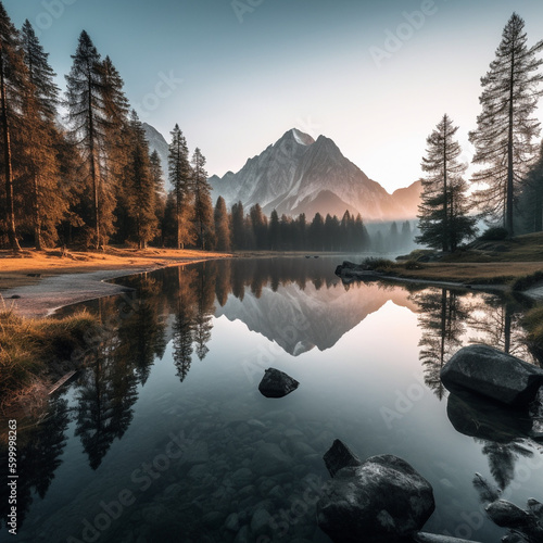 Reflection of mountains and trees in a calm lake at sunr 