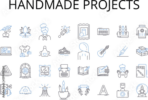 Handmade projects line icons collection. Crafty creations, Artisanal goods, Homemade dishes, Bespoke furniture, Handcrafted jewelry, Artistic expressions, Personalized gifts vector and linear
