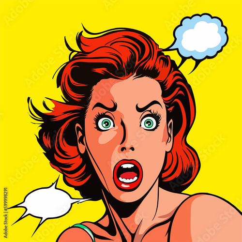 Vintage style pop art. Surprised and excited the girl who says wow. Vector illustration, cartoon style. Portrait of a beautiful girl.