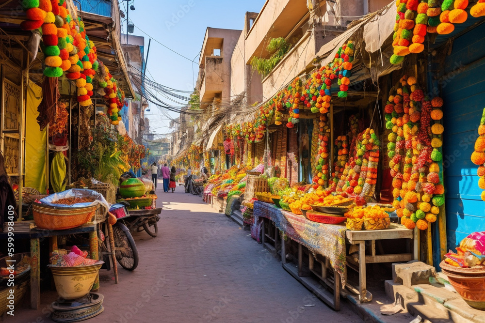 A vibrant bustling bazaar with street vendors selling exciting and colorful items