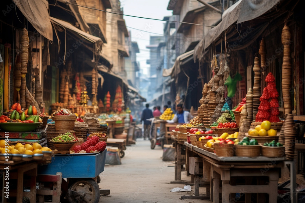 A vibrant bustling bazaar with street vendors selling exciting and colorful items