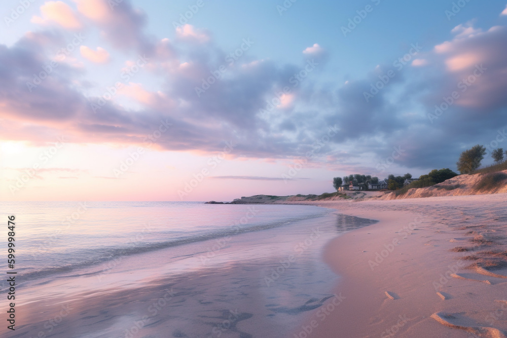 A tranquil serene beach at sunrise with pastel-colored sea