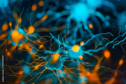 An image of neurons in the brain that transmit information between each other. Generative AI photo