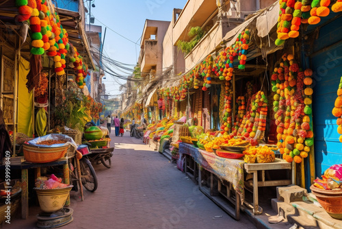 A vibrant bustling bazaar with street vendors selling exciting and colorful items © HY