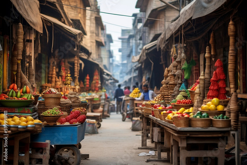 A vibrant bustling bazaar with street vendors selling exciting and colorful items