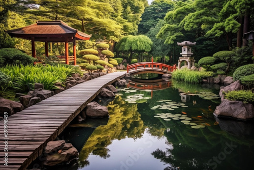A Japanese garden with a koi pond and a wooden bridge, forest in the background