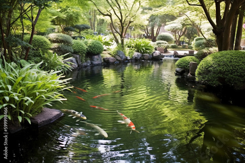 A Japanese garden with a koi pond and forest in the background