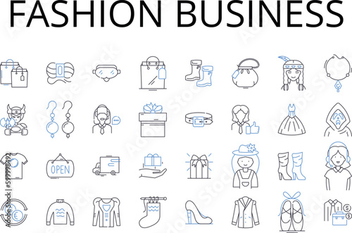 Fashion business line icons collection. Beauty industry, Food market, Entertainment world, Technology sector, Automotive industry, Travel industry, Healthcare business vector and linear illustration