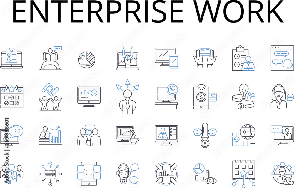 Enterprise work line icons collection. Business tasks, Corporate duties, Professional labor, Career service, Commercial employment, Industrial function, Executive operations vector and linear