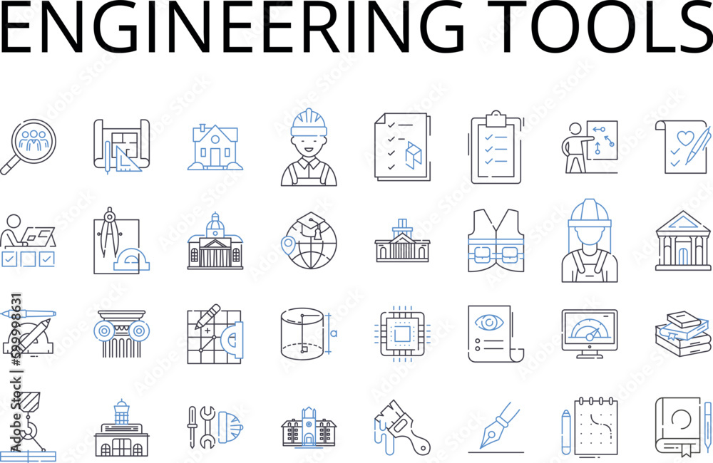 Engineering tools line icons collection. Scientific equipment, Technology devices, Computing machinery, Manufacturing instruments, Research gadgets, Construction materials, Lab apparatus vector and