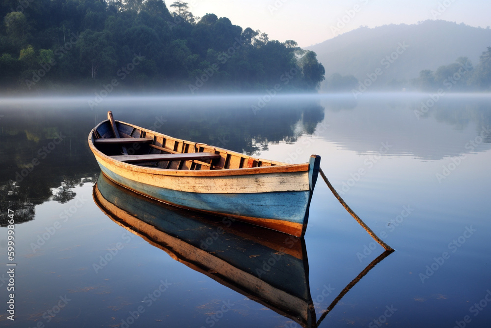 A quiet tranquil lake with a fishing boat drifting lazily